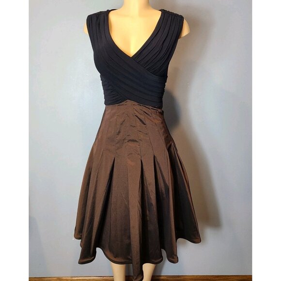 Cache Vintage Y2K Black Brown Taffeta Fit Flare Midi Dress Retro Holiday 1920s - Picture 9 of 11